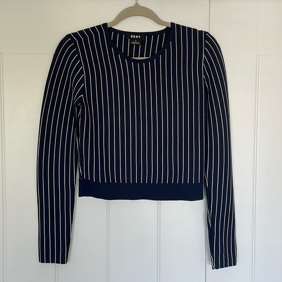DKNY Navy and White Pinstripe Crop Top - Picture 1 of 3